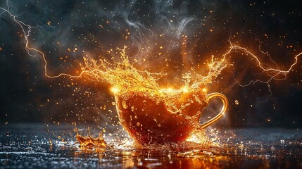 A mystical coffee cup with a splash and electric effects, invoking the intensity of a charged moment