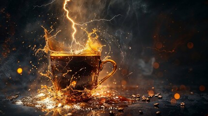 An electrifying scene with lightning emanating from a coffee cup amidst a dramatic splash on a moody background