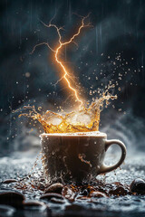 Engaging scene as lightning strikes a coffee cup during a simulated rain shower, offering a sense of drama