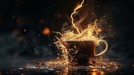 A simple coffee cup is transformed into an enchanting spectacle with golden splashes and whimsical smoke swirls - 762555951