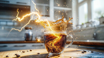 A dynamic image capturing a moment where a glass of coffee is splashing, overlaid with an artistic lightning effect inside a kitchen setting
