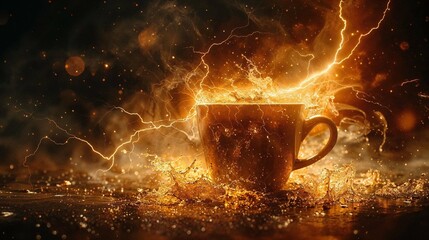 An ordinary coffee cup comes to life with magical electric sparks and dynamic splashes, illustrating energy and excitement