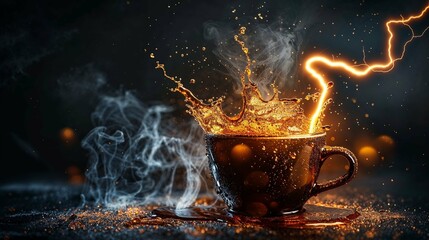 This coffee cup takes on a mystical presence with sparking flames and trailing smoke, creating a vision of passion and warmth - Powered by Adobe