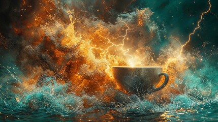 A coffee cup becomes the epicenter of a storm with lightning above and turbulent water below, combining elements of nature's fury - obrazy, fototapety, plakaty