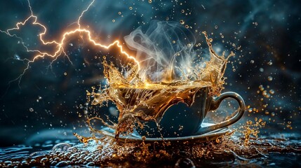A dramatic depiction of a coffee cup with a tempestuous splash, featuring lightning-like effects and a moody atmosphere