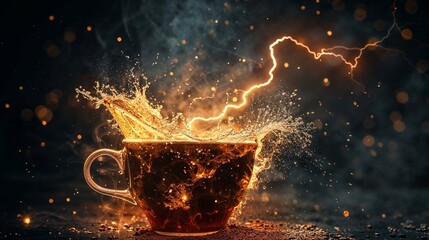 Captivating photo of a clear coffee cup with a dynamic and luminous golden splash, set against a dark backdrop