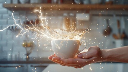 A dynamic image of a hand holding a coffee cup with a visually striking lightning effect emanating from the brew