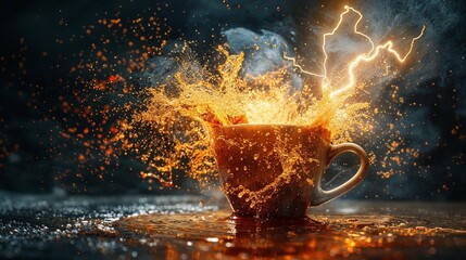 This image captures the essence of a perfect morning with a coffee cup and an explosive fiery splash, evoking a sense of energy and warmth