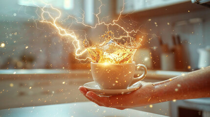A warm and lively image of a hand holding a white cup with a golden liquid splashing out with electric sparks