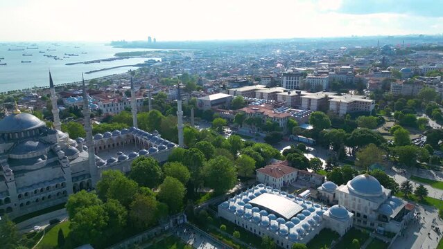 Blue Mosque and Hagia Sophia aerial view at Sultan Ahmet at Park in Sultanahmet district in historic city of Istanbul, Turkey. Historic Areas of Istanbul is a UNESCO World Heritage Site. 