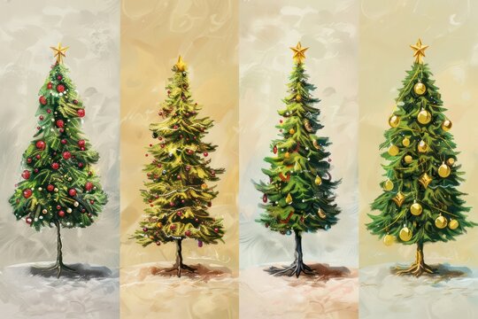 4 designs of christmas trees that have been painted by different artists