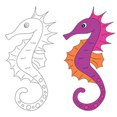 Seahorse Clipart Set for Lovers of Sea Animals and Aquatic Life. Colorful and Outline Seahorses
