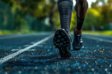 Man wearing a prosthesis running on a running track. AI generative. - obrazy, fototapety, plakaty
