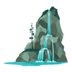 Cartoon river cascade waterfall. Landscape with mountains and trees. Design element for travel brochure or illustration mobile game. Fresh natural water