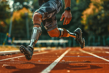 Man wearing a prosthesis running on a running track. AI generative.
