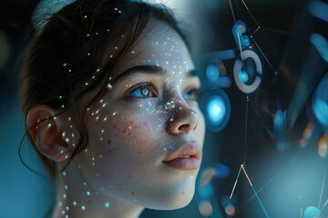 Portrait of woman working with artificial intelligence. AI generative