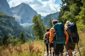 group of people hiking up a mountainside - obrazy, fototapety, plakaty