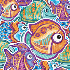 Seamless Pattern with Decorative fishes and Corals - 762558181