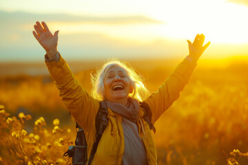 an older woman hiking at sunset with her arms in the air