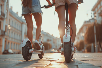 Friends riding electric scooters through the city. AI generative
