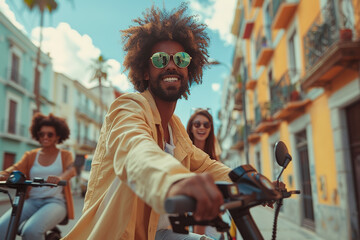 Group of friends riding electric scooters through the city. AI generative