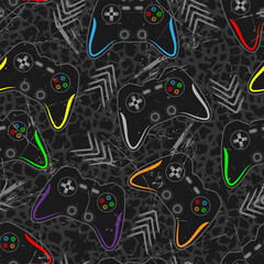 pattern for guys. games print with multicolored joysticks, gray grunge texture and arrows © Vitalii_ART