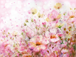 Floral pink background. Watercolor flowers. Illustration. - 762559724