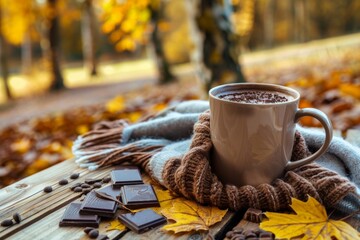 Hot liquid chocolate in mug on wooden table with pieces of chocolate and scarf in the park with...