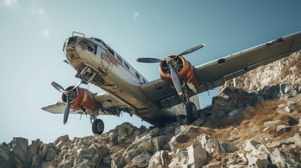 An old plane hangs from the top of a rocky hill