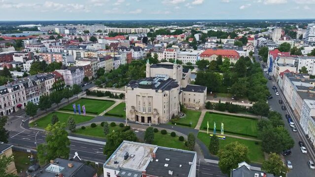 Aerial drone view of Cottbus State Theatre ( Staatstheater ) in Cottbus , Germany