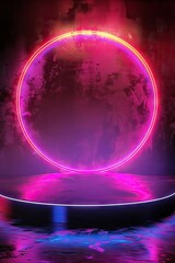 Minimalist Circular Podium with Bold Neon Accent Lighting, Dramatic Shadowed Background, High-Resolution 3D Render.