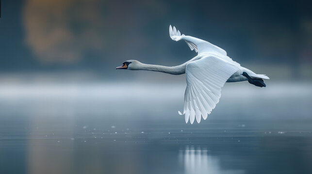 A serene image capturing the elegance of a swan taking flight from the tranquil waters of a misty lake, with a soft glow of morning light.

