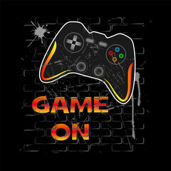 Vector illustration with game joystick on bricks and graffiti text