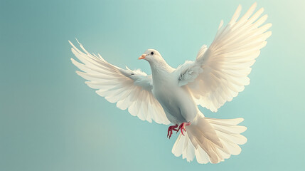 A white dove flies against a blue sky, a symbol of peace