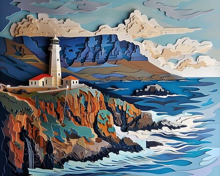Cape Point lighthouse, artistically depicted in a paper-cut masterpiece, embodying the rugged charm of South Africas coastline,superrealistic