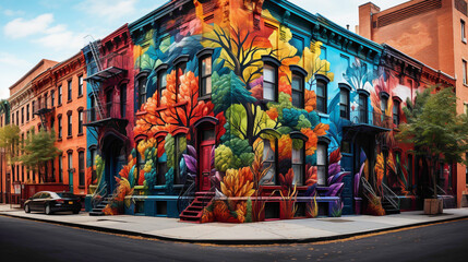 Indulge your senses in the vibrant tapestry of a cityscape adorned with a stunning street art mural...