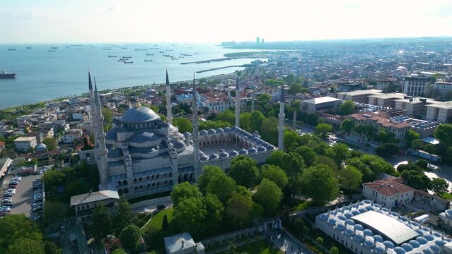 Blue Mosque and Hagia Sophia aerial view at Sultan Ahmet at Park in Sultanahmet district in historic city of Istanbul, Turkey. Historic Areas of Istanbul is a UNESCO World Heritage Site. 