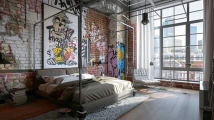 Industrial Urban Bedroom with Graffiti Art AI Generated.