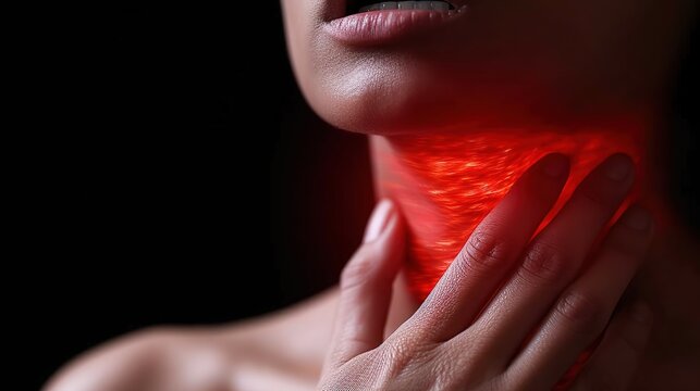 Woman suffering from pain in her throat, close-up. Health care concept