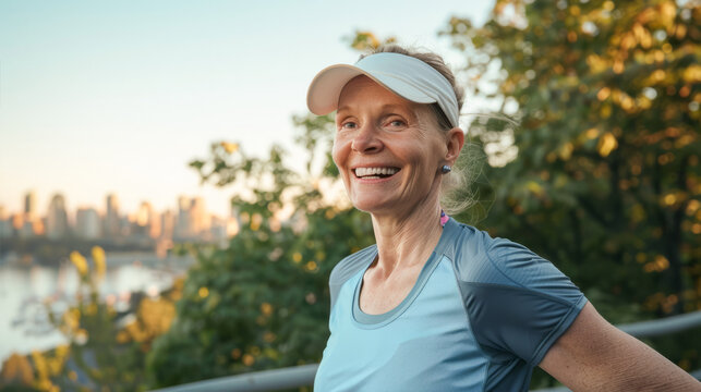 Mature caucasian woman smiling on camera after running sport routine outdoor - Healthy lifestyle and active senior concept - Model by AI generative