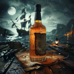 Whiskey Bottle |  Pirate Ship Background | Sitting on A Map | Moonlit | Dark | Bottle Mockup Label...