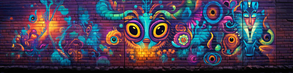 Immerse yourself in the kaleidoscope of colors of a psychedelic street art mural on a city wall.