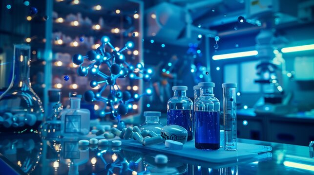 Customized medication development through molecular engineering, pharmaceutical lab, space for content,photographic style