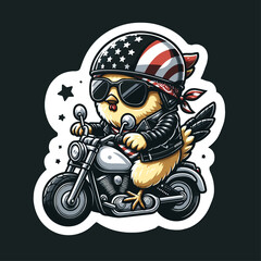 chicken on a motorcycle wearing sunglasses with american flag on a white background