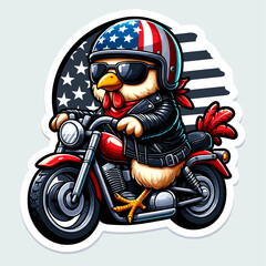chicken on a motorcycle wearing sunglasses with american flag on a white background