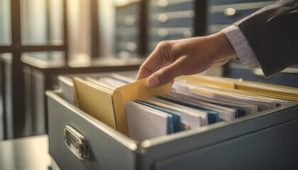 A hand is shown pulling a file from an organized open filing cabinet drawer filled with labeled folders in an office setting  - obrazy, fototapety, plakaty