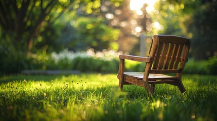 wooden armchair in green garden with morning light - obrazy, fototapety, plakaty