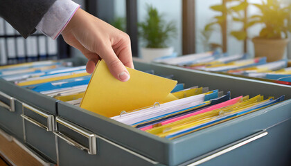 A hand is shown pulling a file from an organized open filing cabinet drawer filled with labeled folders in an office setting 