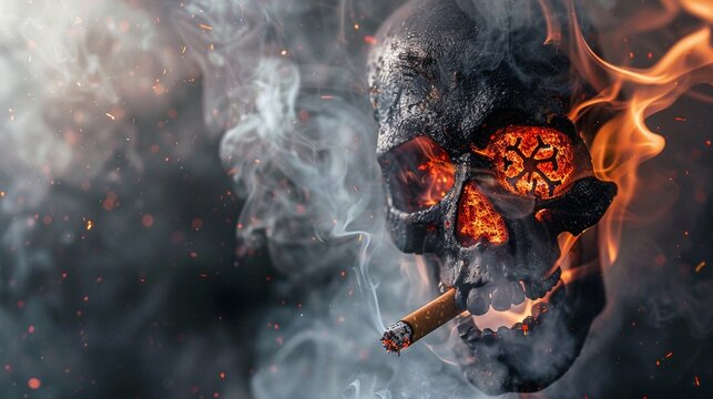 Close-up of a burning cigarette with a toxic symbol in the smoke, warning of the poisonous chemicals in tobacco