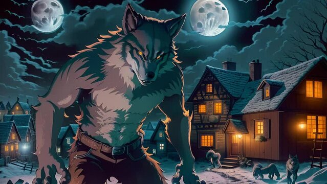 A terrifying gray werewolf stands on the night street of a small village
